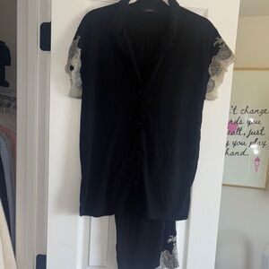 Natori Button-Up Pajama Set with Lace Trim